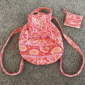 Vera Bradley Pink and Orange Paisley Backpack and Matching Wallet